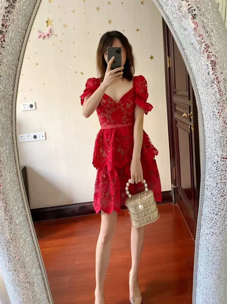 New S-elf Portrait Water Soluble Lace Lace Short Sleeve High Waist Sexy Dress Red and White Short Skirt