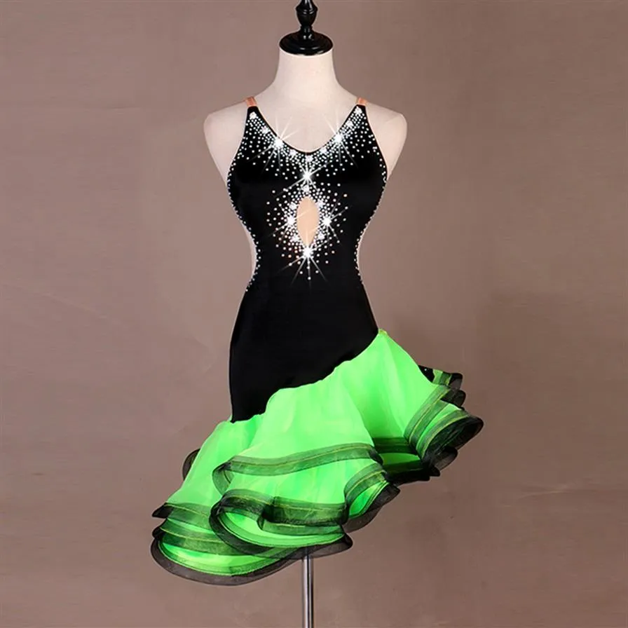 NOVO Vestido de dança latina para meninas adultas Salsa Tango Chacha Vestido de dança de competição de salão Preto Verde Sexy Halter Pérola Rhinesto2787