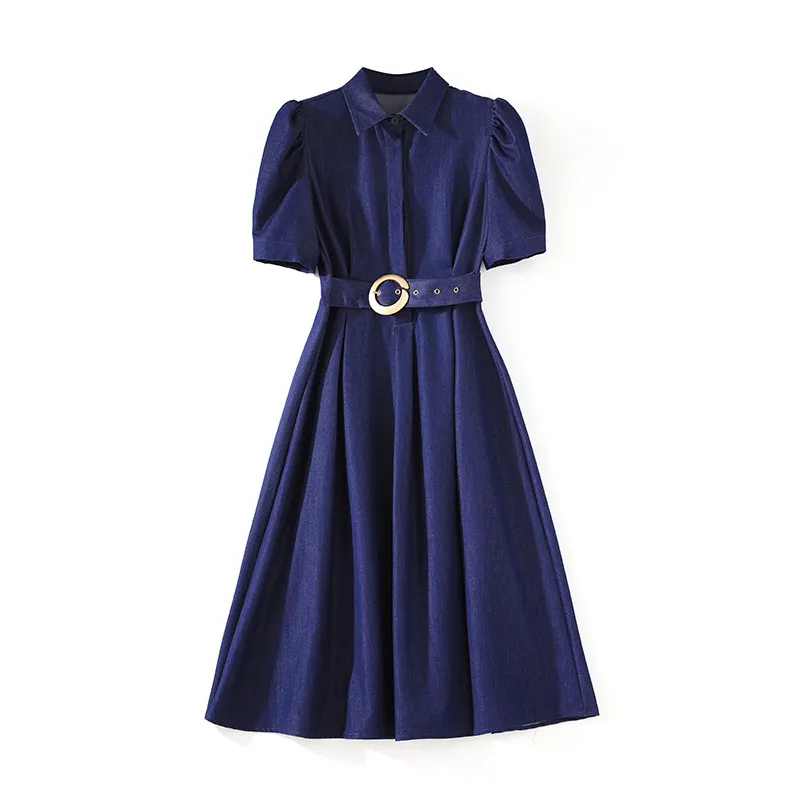 Summer Blue Casual Dress - Solid Color Belted Knee Length Dress with Lapel  Neck, Short Sleeve - Perfect for Everyday Wear from Dhgate Basic & Casual  Dresses - price 58.0