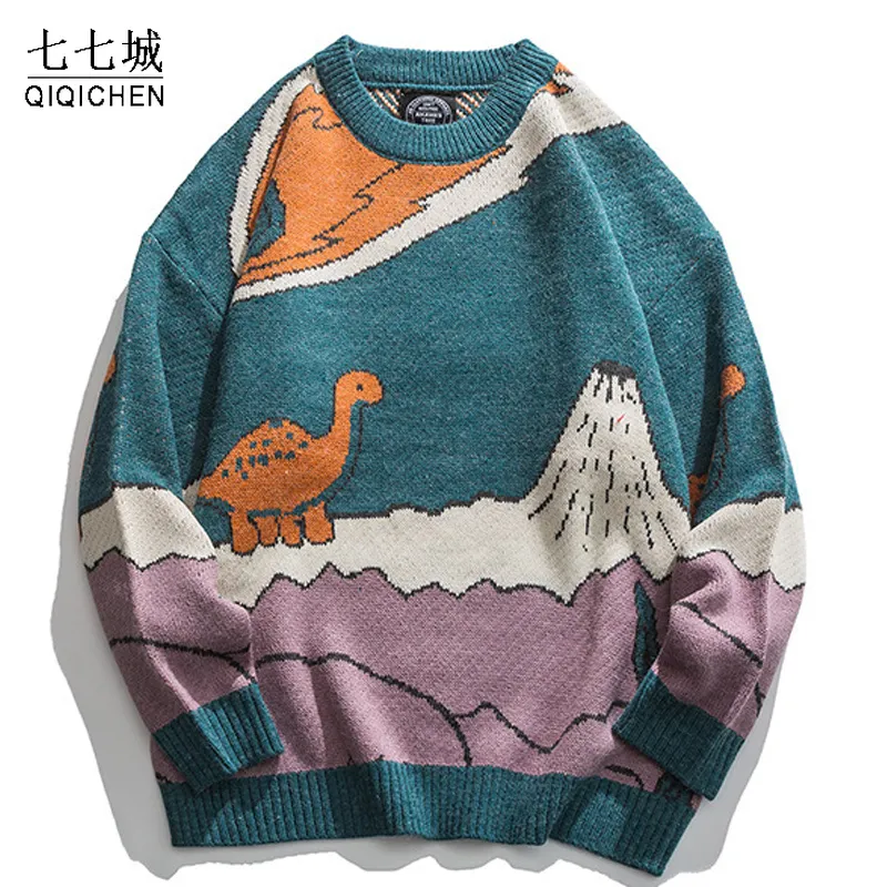 Suéter Masculino Harajuku Cartoon Pequeno Dinossauro Suéter de Tricô Masculino Suéter de Inverno Feminino Pulôver Vintage Casual Japonês Streetwear Unissex 230705