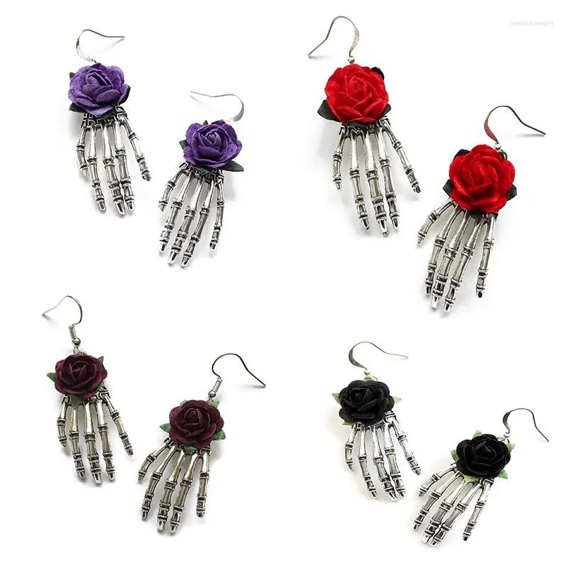 Boucles d'Oreilles Pendantes Squelette Main Rose Rouge Gothique Fait Main Halloween Vintage Bijoux Femme Cadeau