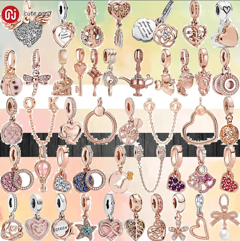 925 contas de prata charms fit pandora charm fashion rosa ouro cor brilhante estrela pingente amor família