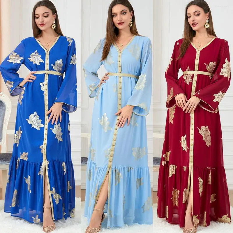 Ethnic Clothing Muslim Dress Long Sleeve Commuting Style Gold Printed Chiffon V-Neck Casual Red Blue Dresss Summer 2023 Women