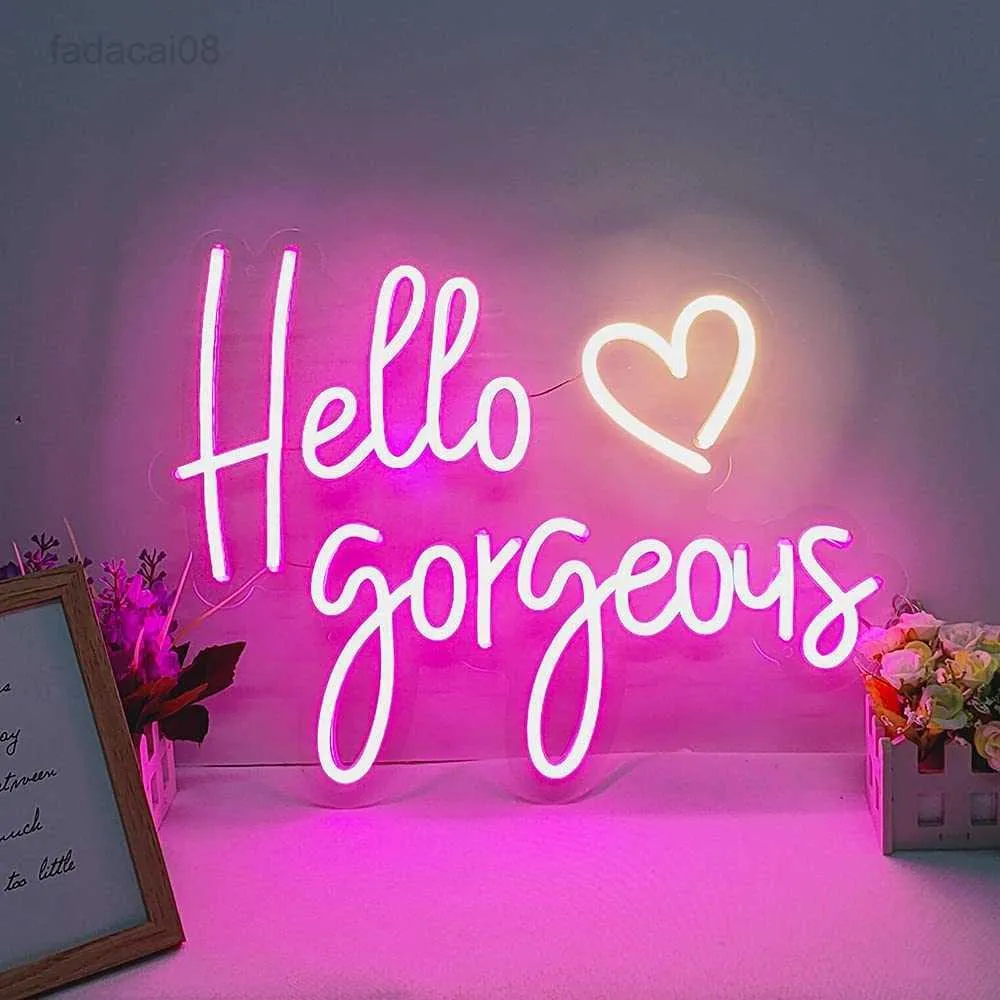 Led Hello Gorgeous Wedding Pink Signs Dormitorio Fiesta de cumpleaños LED Neon Light Sign para pared HKD230706