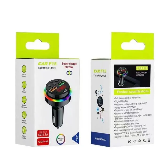 F15 F17 F18 Supercharge Transmitters RGB Light Car MP3 Player Bluetooth 5.0 FM Wireless Handsfree Kit 5V 3.1A PD 25W USB C