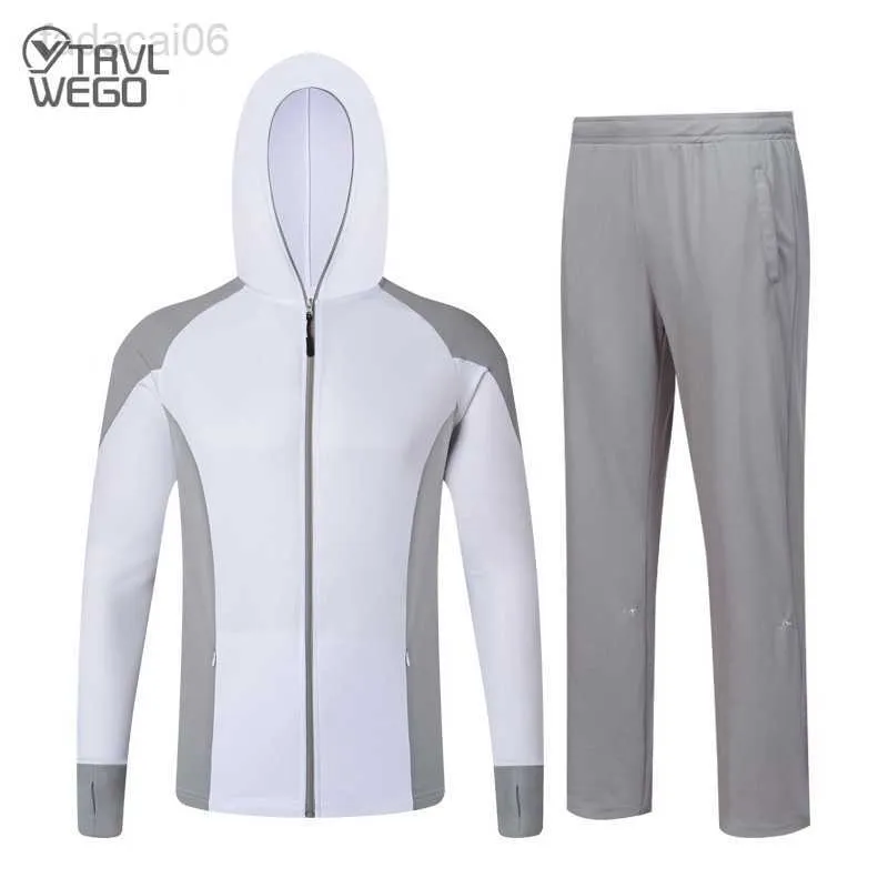 Akcesoria wędkarskie TRVLWEGO ubrania dla wędkarzy letni garnitur męski oddychający UPF 50+ ochrona UV Outdoor Sportswear zestaw z kapturem Pesca koszula spodnie HKD230706