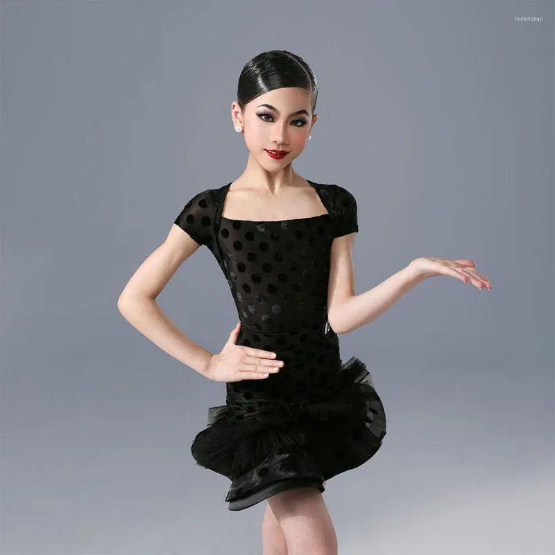Girls Latin Dance 80s Prom Dress Short Sleeve Dot Lotus Design For