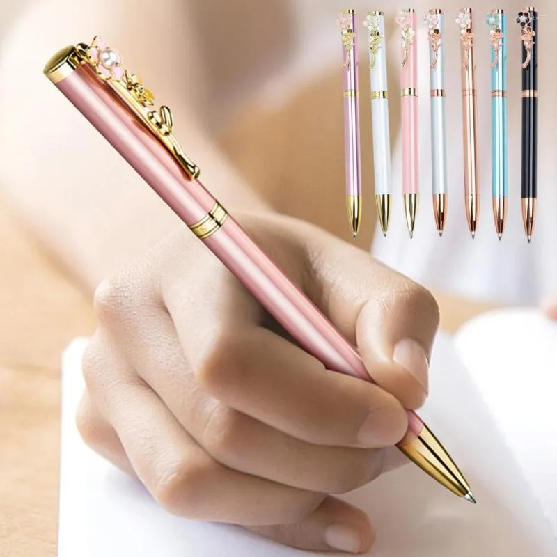 Metallkulspetspenna Polerad Infällbar Slät Skrivande Brevpapper Söt Faux Pearl Peach Blossom Clip School