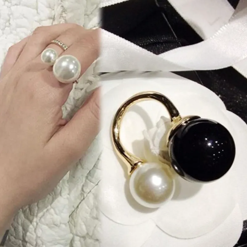 Anéis para mulheres 1 peça elegante chique duplo pérola branco preto abertura anel ajustável presente novos anéis 2021 tendência