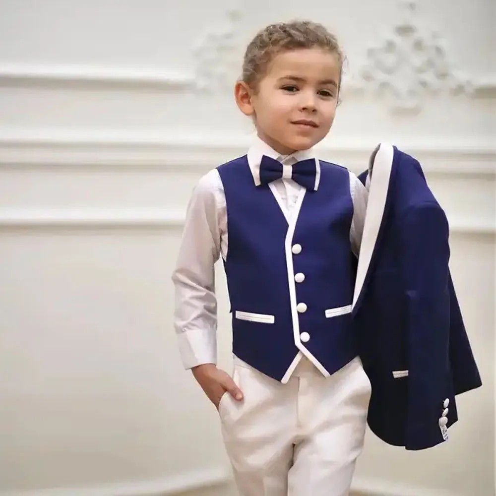 Royal Blue 3 조각 소년의 공식적인 착용 한 단추 Shalw Lapel Kids Suit Set Wedding Custom Made Child Prom Blazer 조끼 바지