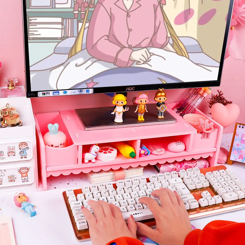 Pink Monitor Riser For Desk Pink Monitor Stand & Organizer - Cute Wooden Desktop Computer Shelf ...