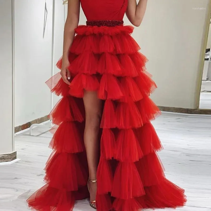 Saias Vermelhas Assimétricas Saia de Tule em Camadas Elegante Alto Baixo Folho em Camadas Longo Baile de Formatura Cintura Elástica Tutu Noite Maxi