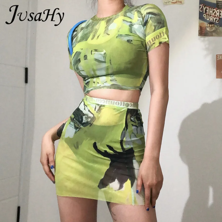 Tweedelige jurk JusaHy Y2K zomer tweedelige sets korte mouwen T-shirt en minirokken groene onregelmatige print voor vrouwen casual streetwear 230705