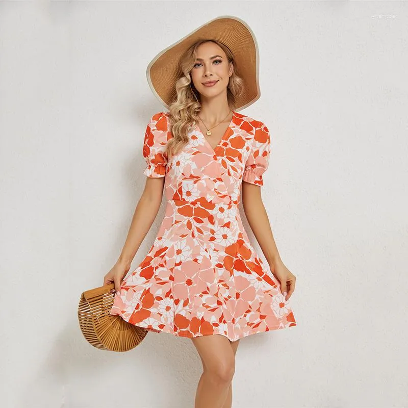 Casual Dresses Summer Sweet V-Neck Flower Printed Short Dress for Women Chiffon Puff Sleeve Loose A-Line Fashion Robe Femme 26075