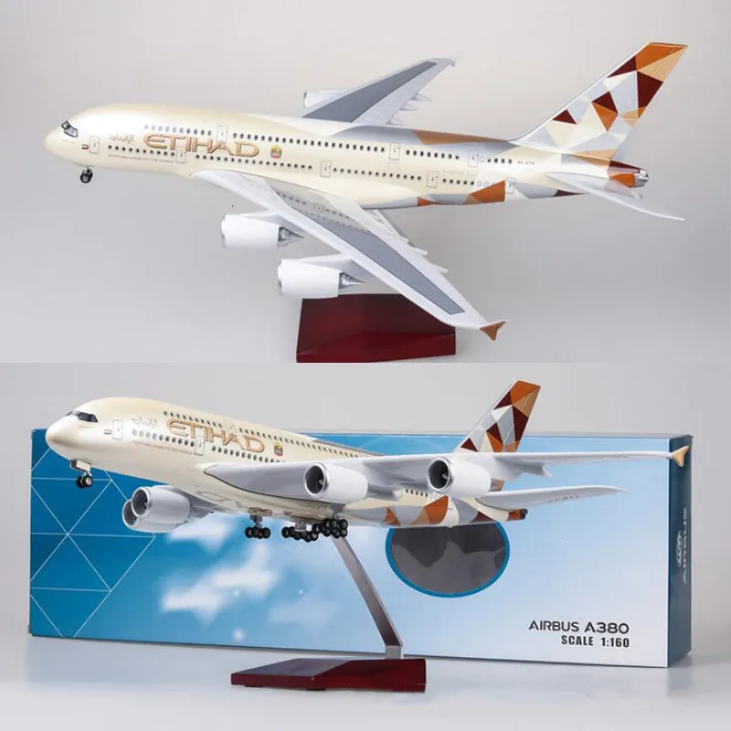 Model odlewu 1 160 skala 50 5CM samolot 380 A380 ETIHAD linia lotnicza W światło i koło plastikowy samolot z żywicy do kolekcji 230705