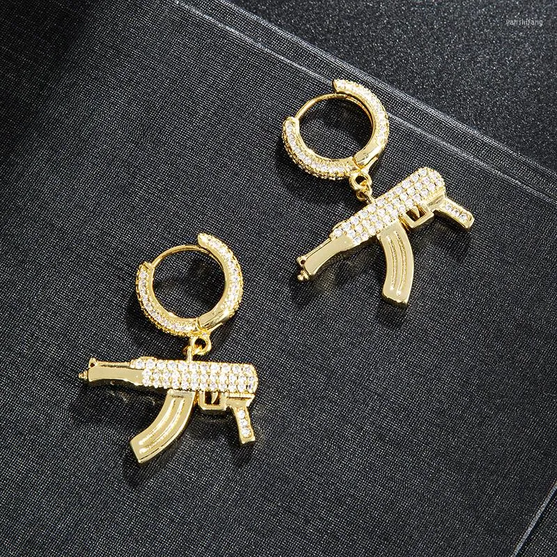 Orecchini pendenti 2023 In Charm Hip Hop 1Pair Zircone ghiacciato Orecchino pistola Color oro Micro pavimentato Bling CZ Stone For Men Jewelry