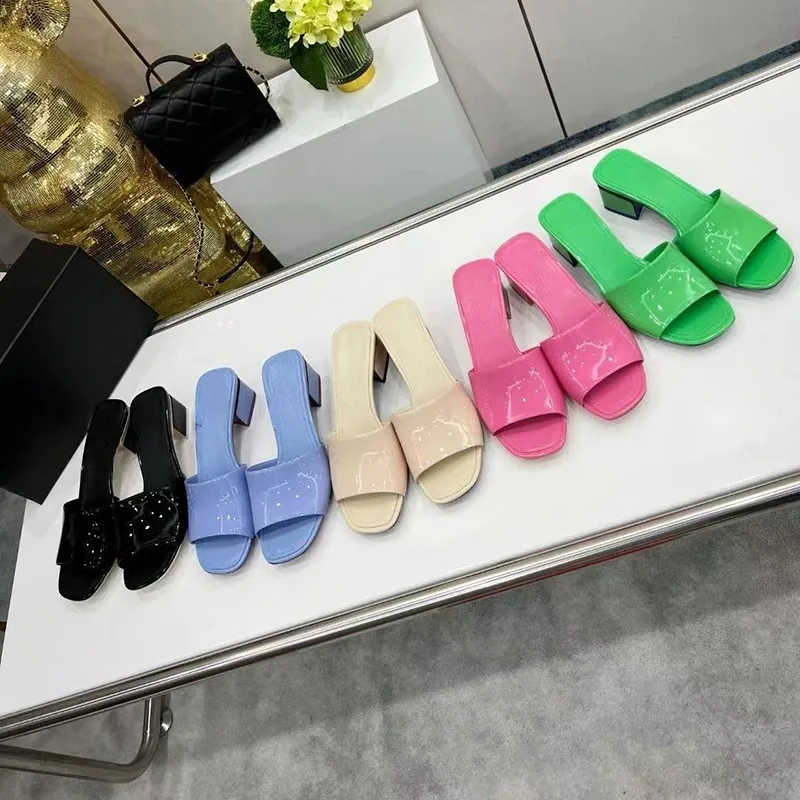 2023 Designer Pure color Square head Slides slippers Womens Luxury 100% leather outdoor Colorful fashion Sandals ladys sexy shallow mouth Low-heeled slipper shoes
