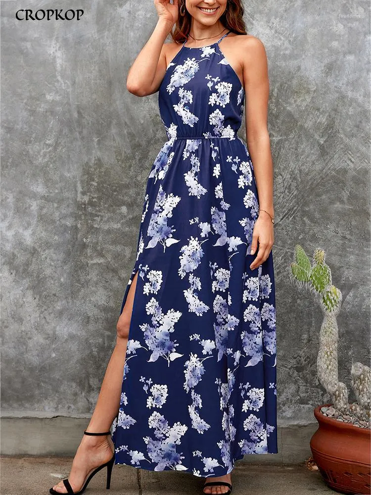 Casual Dresses Summer Floral Long For Women Sexy Sleeveless Lace-up Slit Holiday Beach Dress Elegant Black In 2023