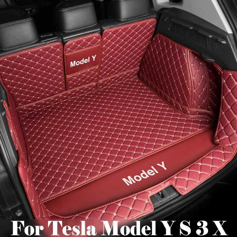 Housse de siège pour animal de compagnie tapis de coffre de voiture en cuir couverture complète de protection entièrement entourée étanche noir rouge pour Tesla modèle Y S X 3 2016 à 2021 2023 HKD230706