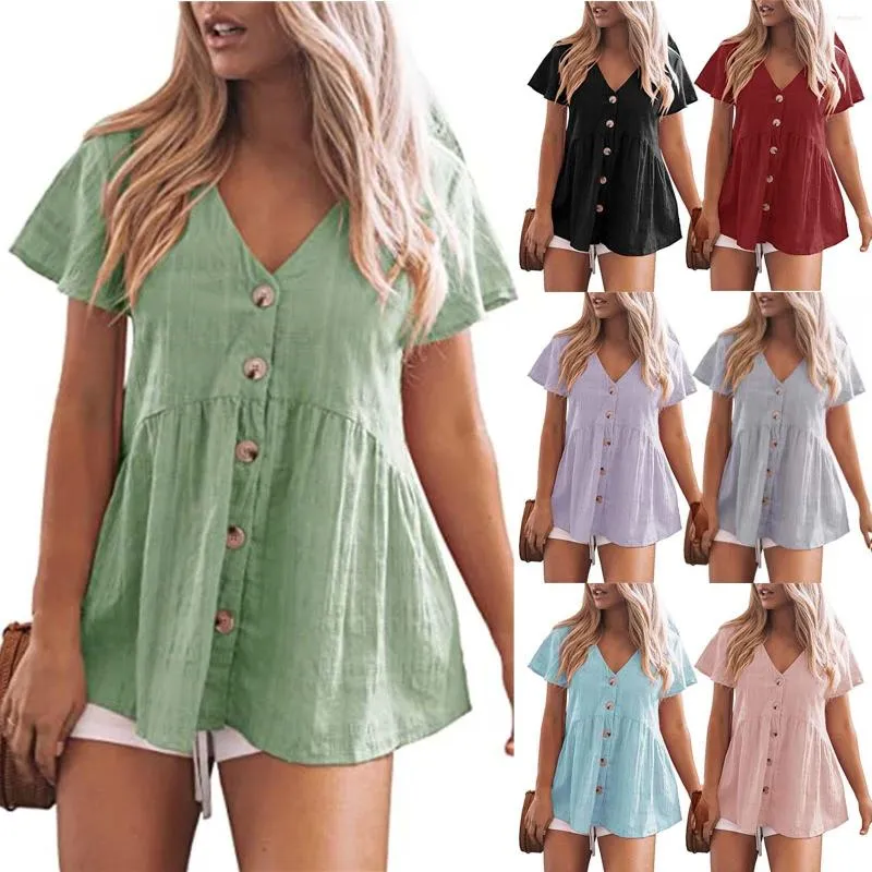 Fritidsklänningar Damtröjor Sommar Knäppning Enfärgad Kortärmad V-ringad Skjorta Lager Ruffle Swing Lös T-shirt Vestidos