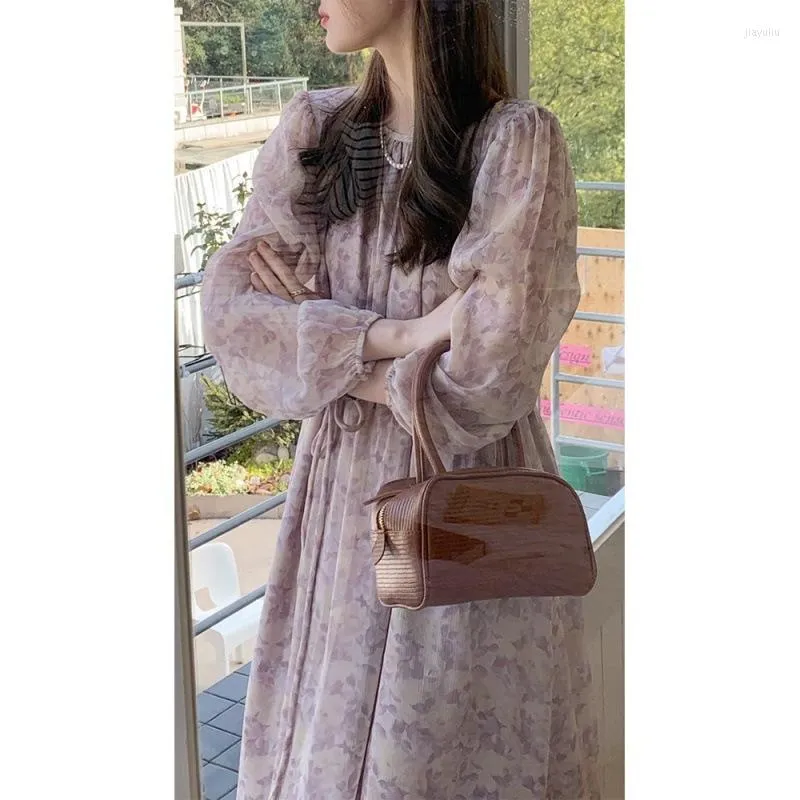 Casual Dresses Women Clothing 2023 Spring Summer Dress Chic French Styles Temperament Purple Floral Sweet Simple For