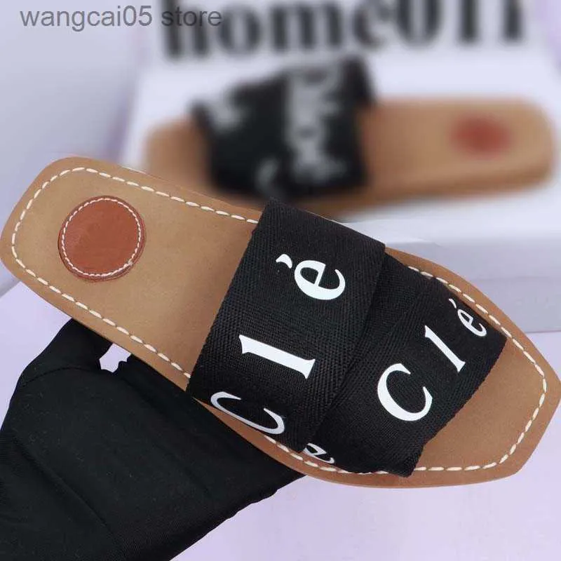 Chinelos femininos sandálias mulas planas slides bege claro branco preto rosa rendas tecido letras chinelos de lona para sapatos femininos de verão ao ar livre t230706