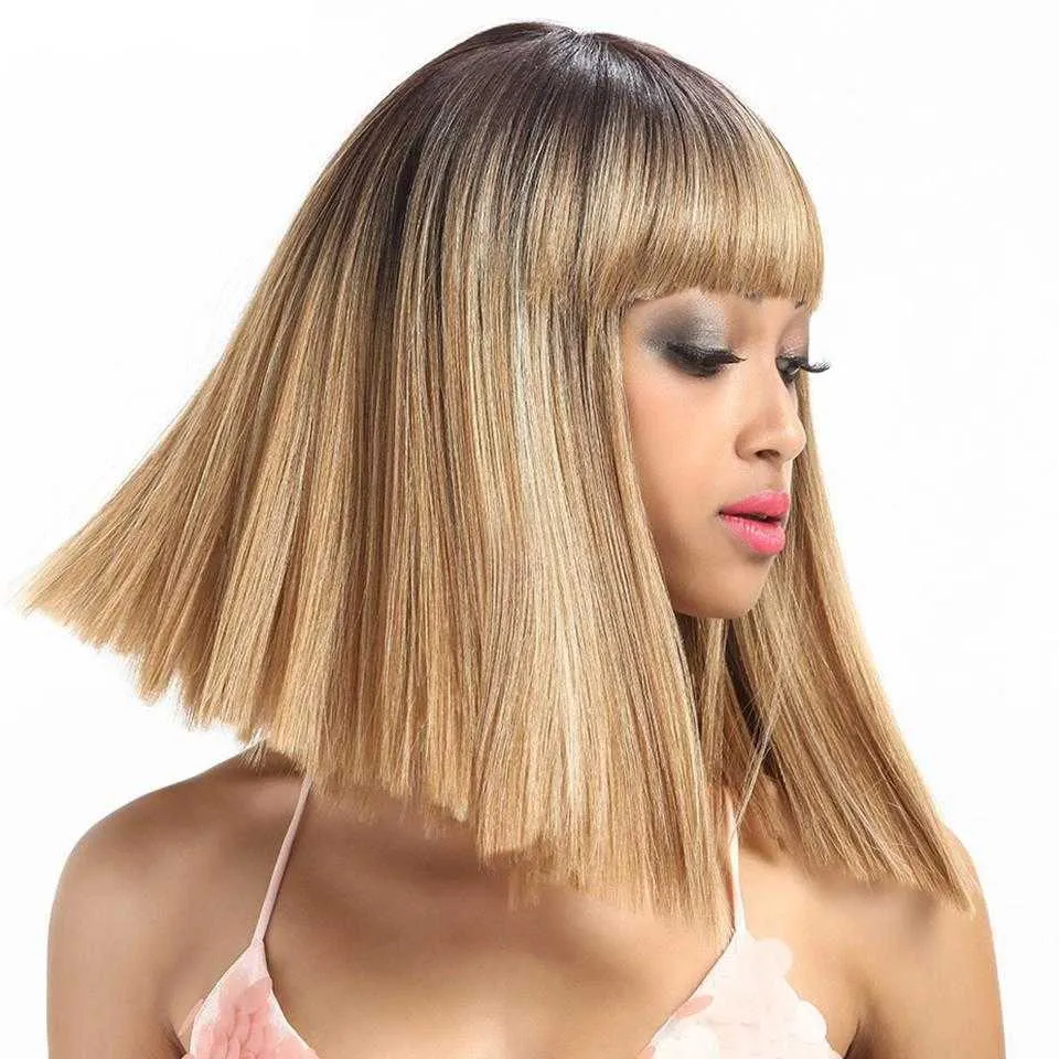 Perruques Synthétiques Court Bob Perruques Cosplay Bangs 14 pouces Cheveux Raides Ombre Blonde Haute Température Fibre Perruque Synthétique pour les Femmes Noires 230227