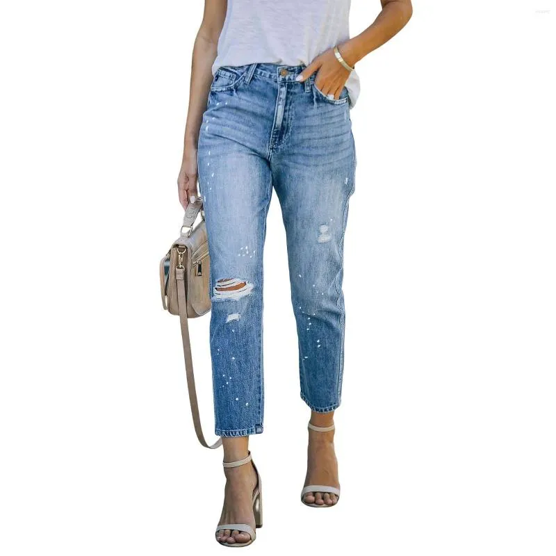 Damenjeans, hoch tailliert, zerrissen, Boyfriend-Jeans, schmale Passform, ausgefranst, im Used-Look, dehnbar, für den Alltag, 90er-Jahre-Vintage-Kleidung