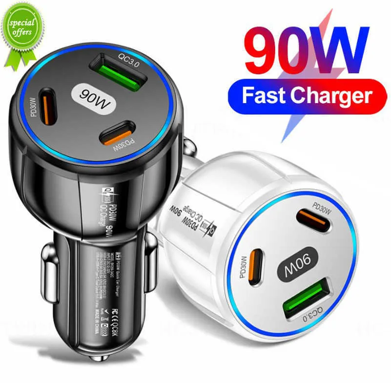 New 90W 3-in-1Car Charger QC3.0 PD Type C USB Moblie Phone Fast Charging for IPhone Xiaomi Samsung Car Quick Charger Adapter