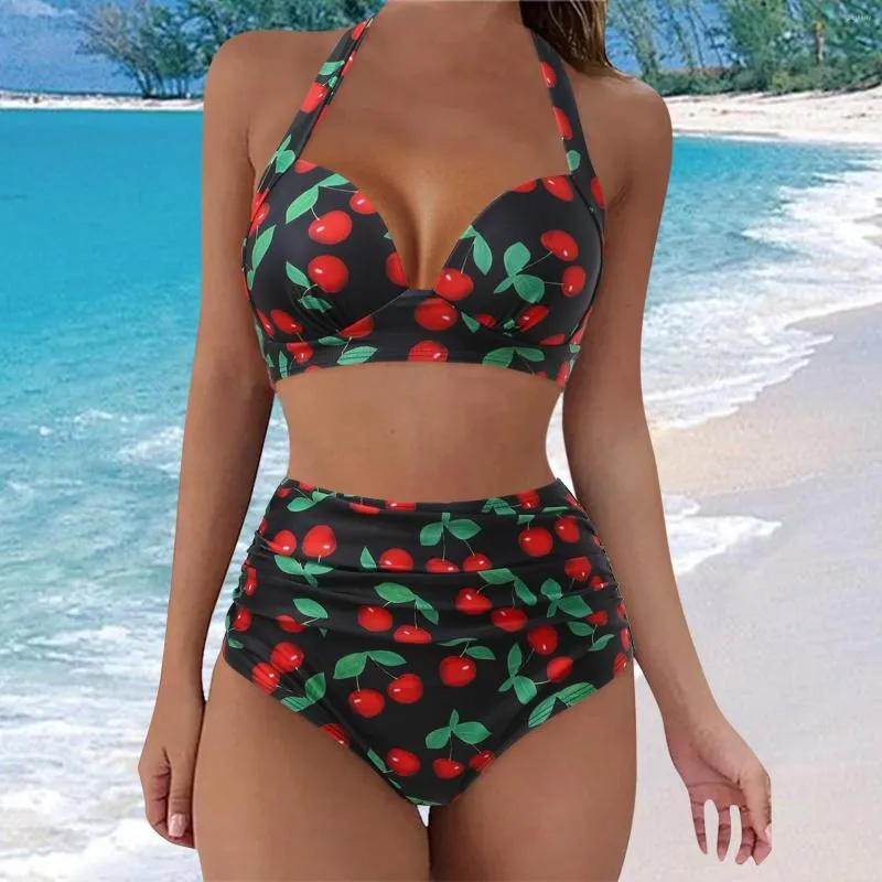 Women's Swimwear 2023 Floral Swimsuit Fashion Sexy Gather Chest Push Up Hanging Neck Lace High Waist Bikini Summer Beach Holiday