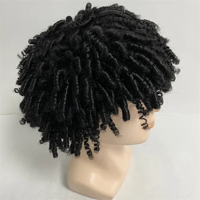 12 pollici di ricambio per capelli umani vergini malesi 1 # Jet Black Color 15mm Curl Twist Dreadlocks Parrucca piena in pizzo per uomo nero