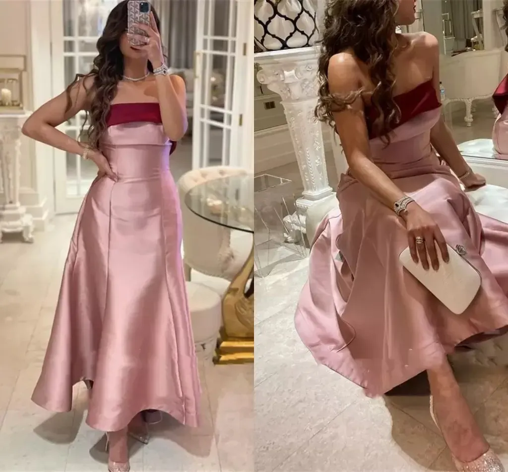 And 2023 Pink Bury Prom Dresses Satin A Line Strapless Ankle Length Custom Made Ruched Evening Party Gowns Vestidos Plus Size nkle