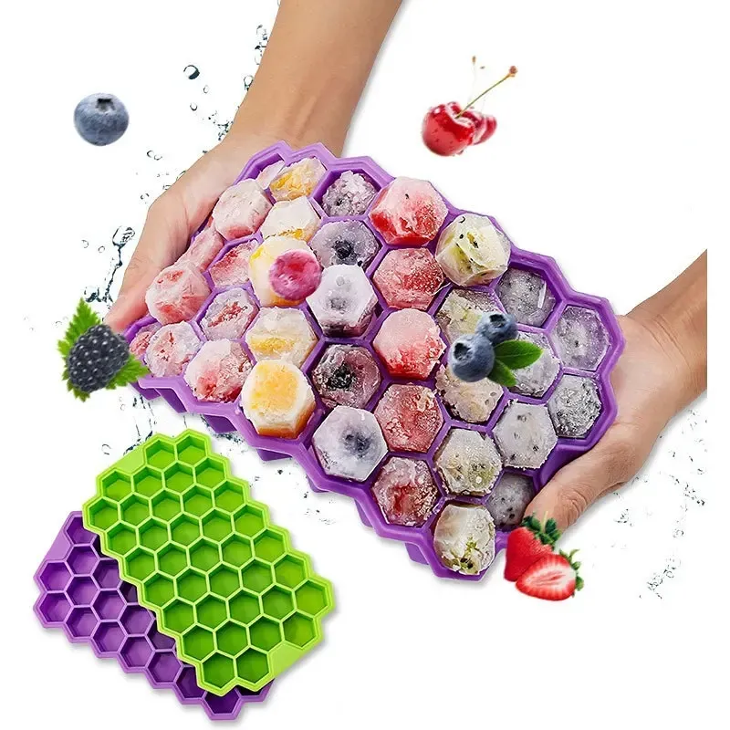 Silicone Ice Tray Ice Cube Mold With Lid Food Grade Honeycomb 37 Grid Ice Box Thickened Ice Maker