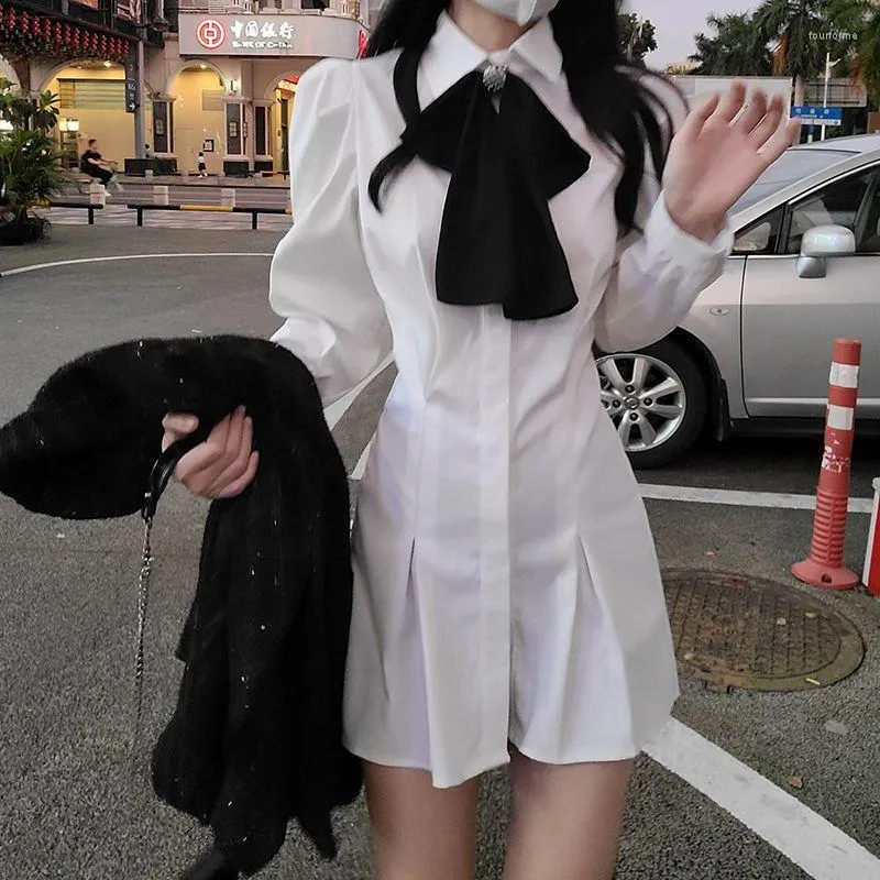 Casual Dresses COZOK/ White Shirt Dress Women Preppy Style Pleated Mini High Street Kawaii Bow Korean Fashion Long Sleeve