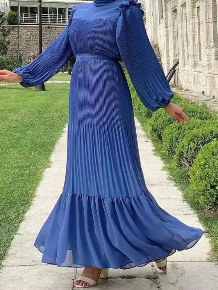 Etniska kläder Turkiet Muslimsk plisserad klänning Kvinnor Abaya Volanger Marocko Festklänningar Ramadan Eid Kaftan Dubai Vestidos Arab Abayas Kaftan