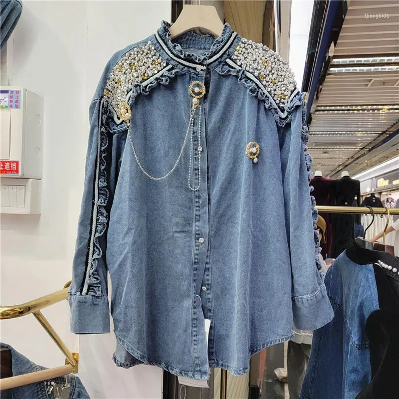 Blouses pour femmes Femmes Printemps Automne Diamants Perles Chemises En Denim Volants Lâches Col Montant Chaîne En Métal Glands Jean Blouse Cardigan Blusas