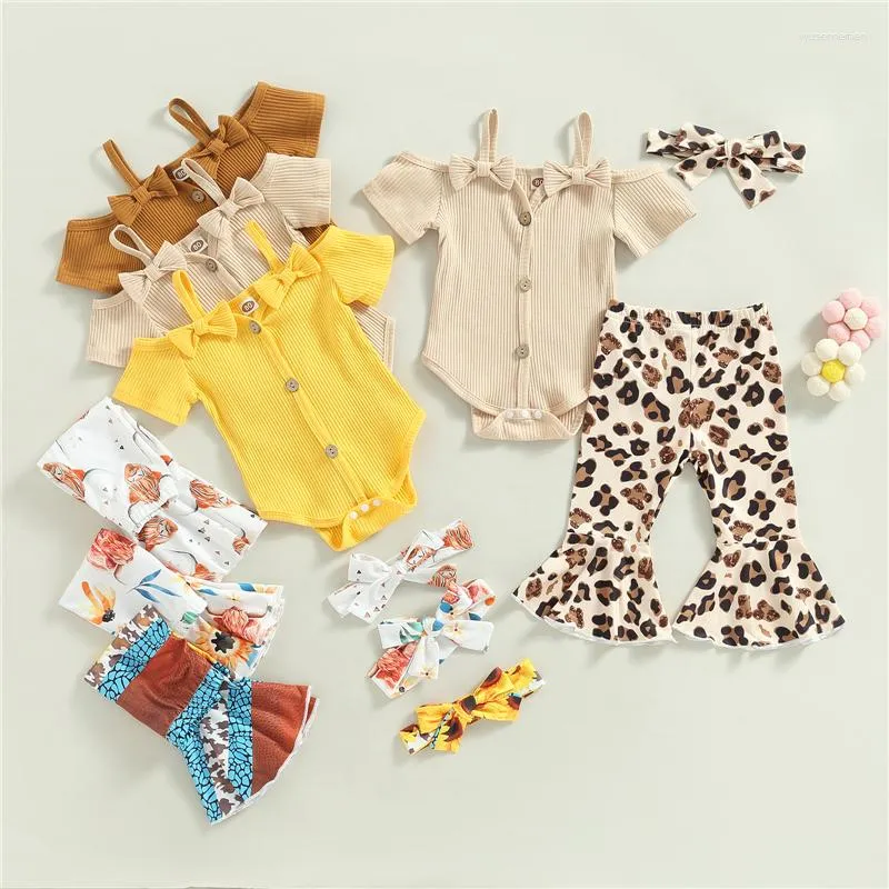 Zestawy ubrań niemowlę dziewczynka letni zestaw z krótkim rękawem Off ramię Romper Leopard/kwiatowe spodnie Flare opaska z kokardą urodzony strój