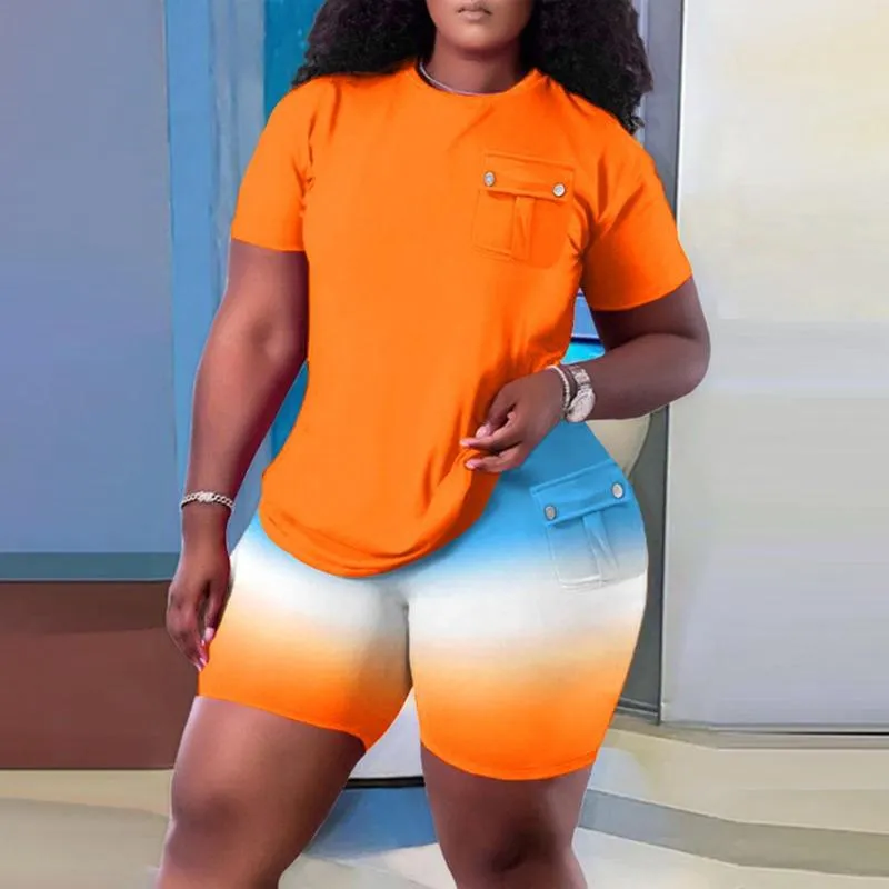 Survêtements pour femmes Tenues d'entraînement pour femmes 2 pièces Ensembles assortis décontractés Survêtement Orange T-shirts Taille haute Yoga Shorts Pyjamas Ensemble