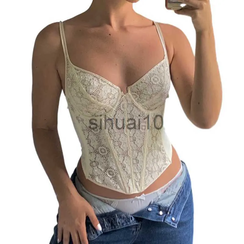 DIY Tanks Camis Xingqing y2k Espartilho Tops Mulheres Sem Mangas Curto Verão Crop Top Camisa 2022 Novas Camisetas de Festa Sweet Aesthetic Floral Renda Cami J230706