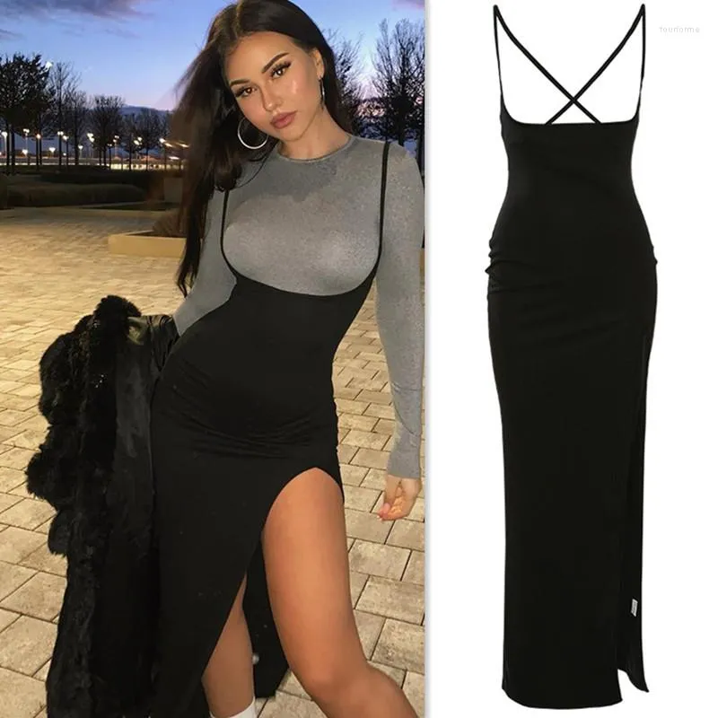 Kjolar Sexig Svart Hög midja A Line Suspender Dress 2023 Dam Spring Summer Backless Dam Split Long Maxikjol