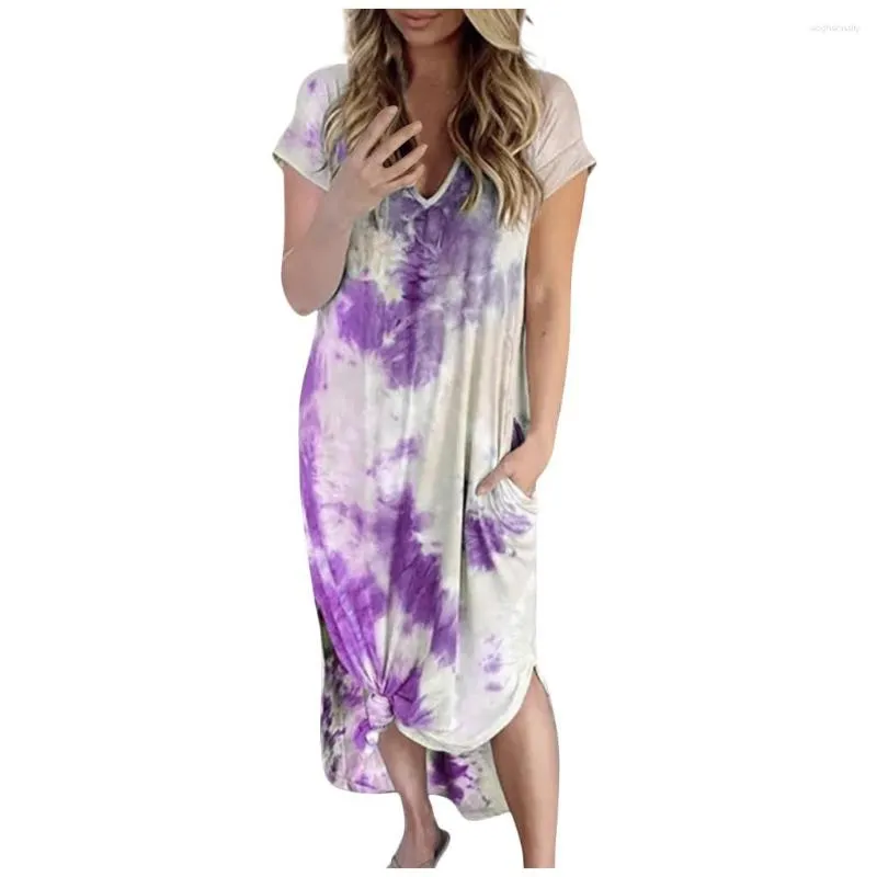 Casual Dresses Fashion Womens Loose Sexy V-Neck Short-Sleeved Tie-Dye Printed Dress Formal Occasion Vintage Evening