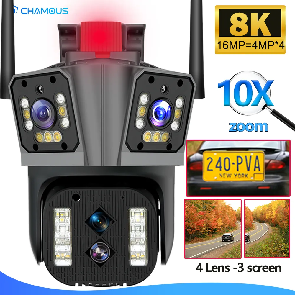 Câmeras IP 16MP 8K WiFi Câmera IP 10X Zoom 4K Câmera de segurança externa Vigilância AI Track Quatro lentes três telas Mini câmera de rua 360 ° 230706