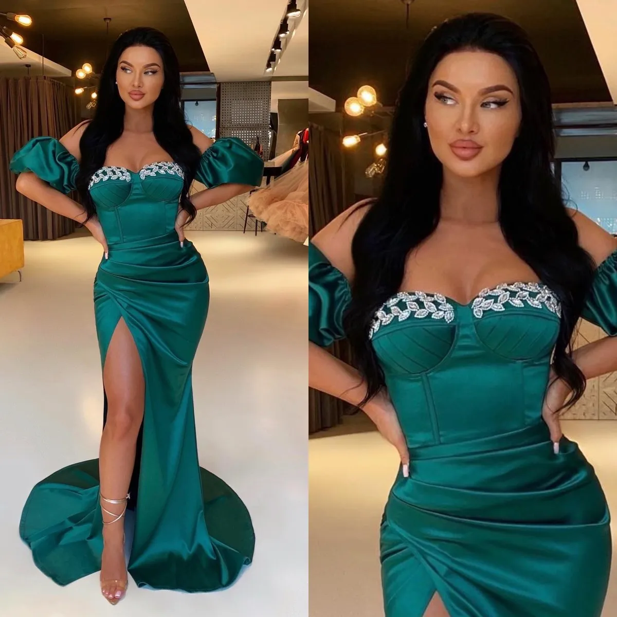 Sexy vert foncé robes de bal feuille perles chérie manches gonflées robes de soirée plis fente formelle longue occasion spéciale robe de soirée