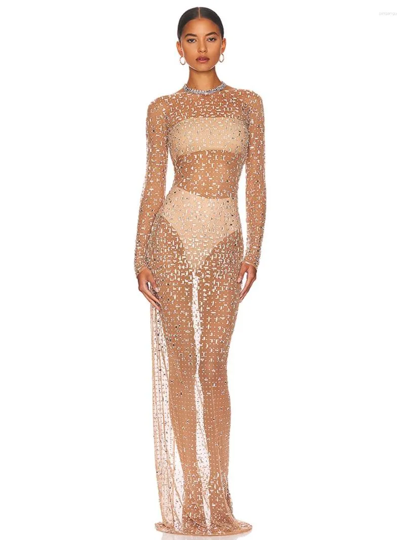 Robes décontractées Modphy femmes Sexy voir à travers brillant luxe cristal diamant maille moulante strass longue robe discothèque célébrer la fête