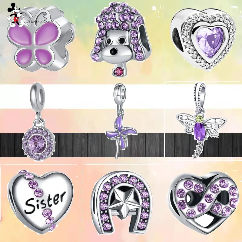 Für Pandora Charm 925 Silber Perlen Charms Neues Lila Zirkon Windrad Schmetterling Herz Hund Glänzendes Charm-Set