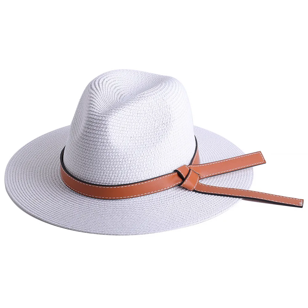 Women Classic Flat Brim Belt Straw Cap Sun Hat Simple Summer Beach Hat Female Casual Panama Hat Lady Fedora