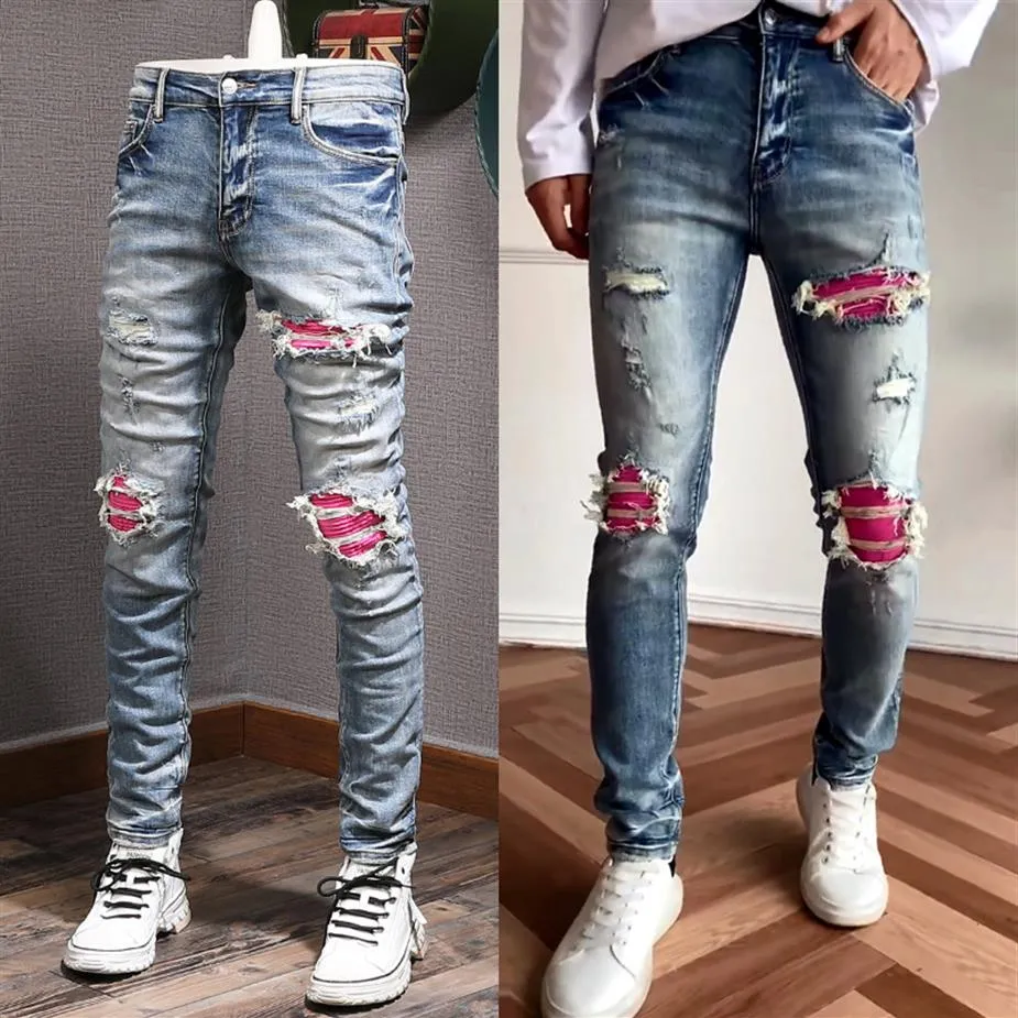 Patch Jeansy ze streczem Męskie bawełniane spodnie kowbojskie Efekt rozdarcia Skinny Fit Noga Uszkodzenie Denim194u