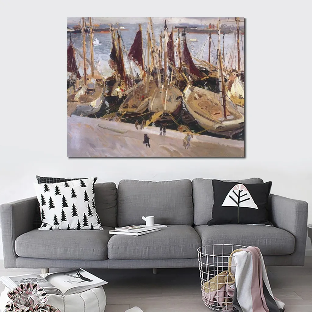 Impressionist Canvas Art Boats in The Port Valencia Joaquin Sorolla Y Bastida Painting Handmade Seascape Artwork High Quality