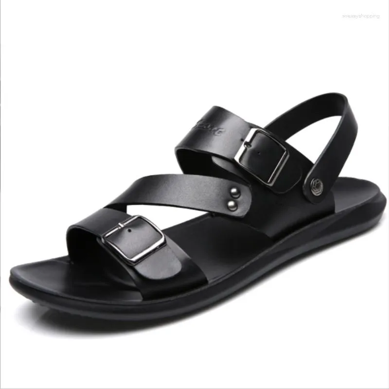 Sandália Masculina Couro Moda Verão 2023 Sapatos Sapatilhas Vintage Casual Antiderrapante Praia Sandalia