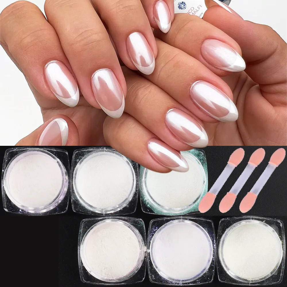 Nail Glitter 6Pcs Pearl Nail Powder Set With Brush Aurora Chrome Powder Shimmer White Glitter Mermaid Rubbing Dust Pigment Manicure NTY451 230705